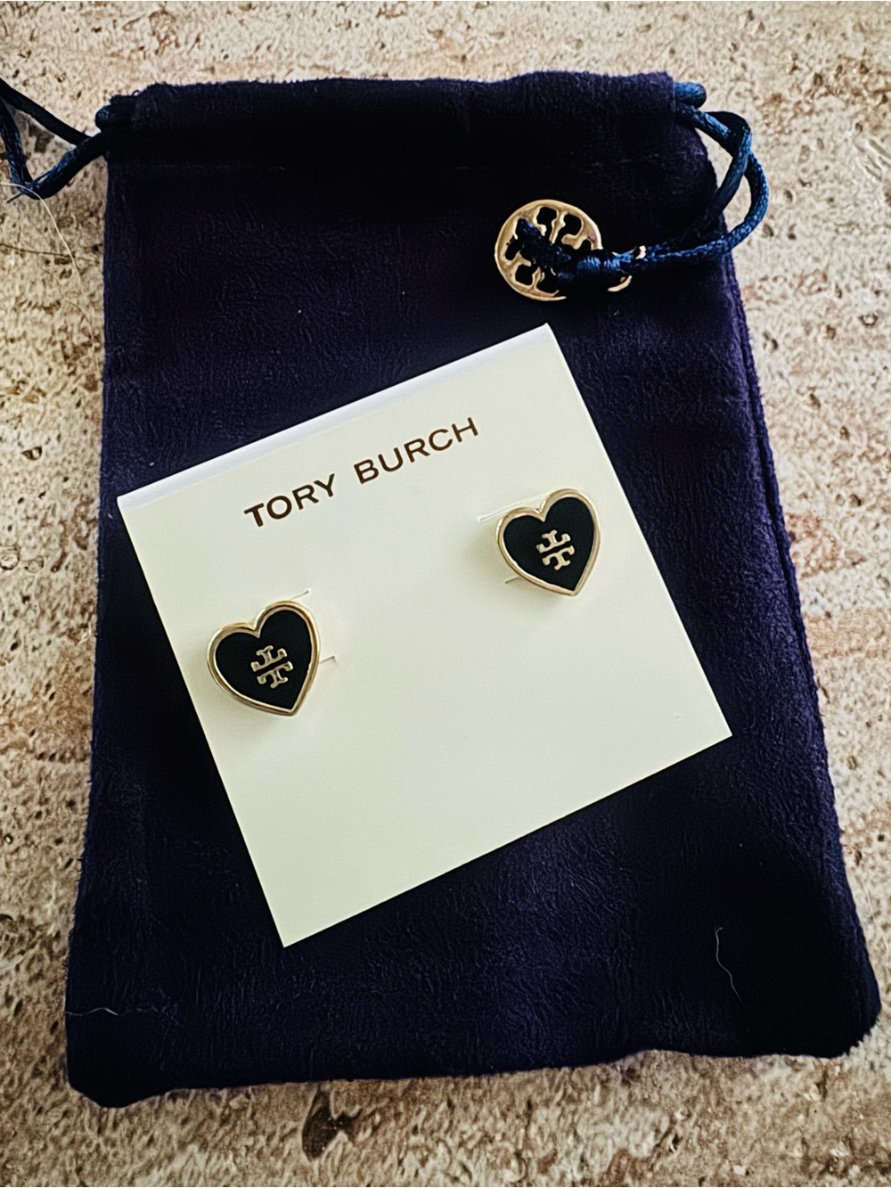 Tory Burch Black and Gold Heart Logo Stud Earrings